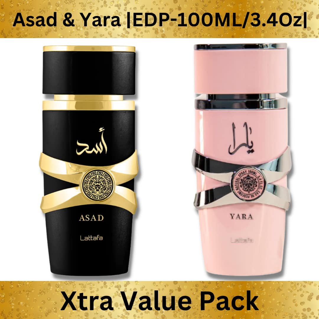 Lattafa Perfumes Yara & Asad EDP-100ml(3.4 oz) |Black Pepper, Pinapple, Orchid, Amber, Vanilla, Dry Woods (Xtra Value Pack-Asad), 3.4 ounces, 100.0 milliliters, 1